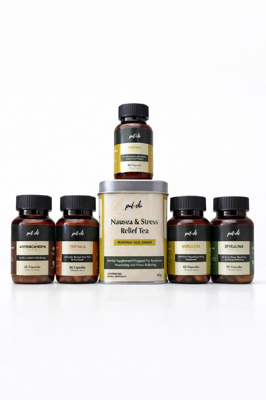 Complete Wellness Kit – Moringa, Triphala, Ashwagandha, Spirulina & Turmeric Capsules, & Moringa Ginger Herbal Tea