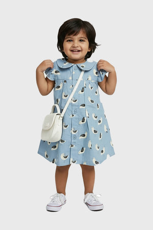 Cotton baby girl frock dress seagull pattern for newborn to 3 years toddler - breathable Indian kids wear for summer - organic soft fabric children's dress for girls