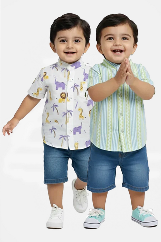 Cotton Shirt(Wavy Stripes & Savanna Tales) - Pack of 2