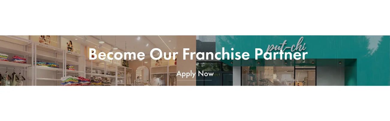 Promotional banner for becoming a franchise partner with a store interior in the background.