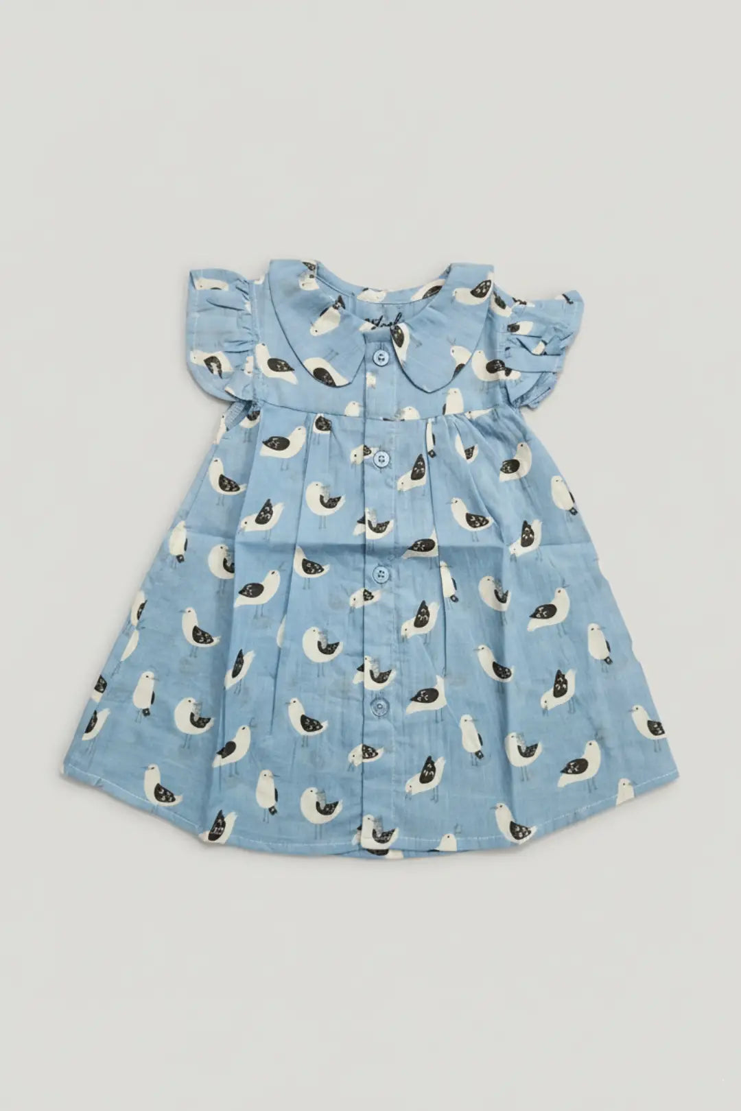 Organic cotton baby girls frock with seagull print blue dress for toddlers 6-12 months - breathable lightweight kids dress for Indian babies - summer wear dress for newborn girls