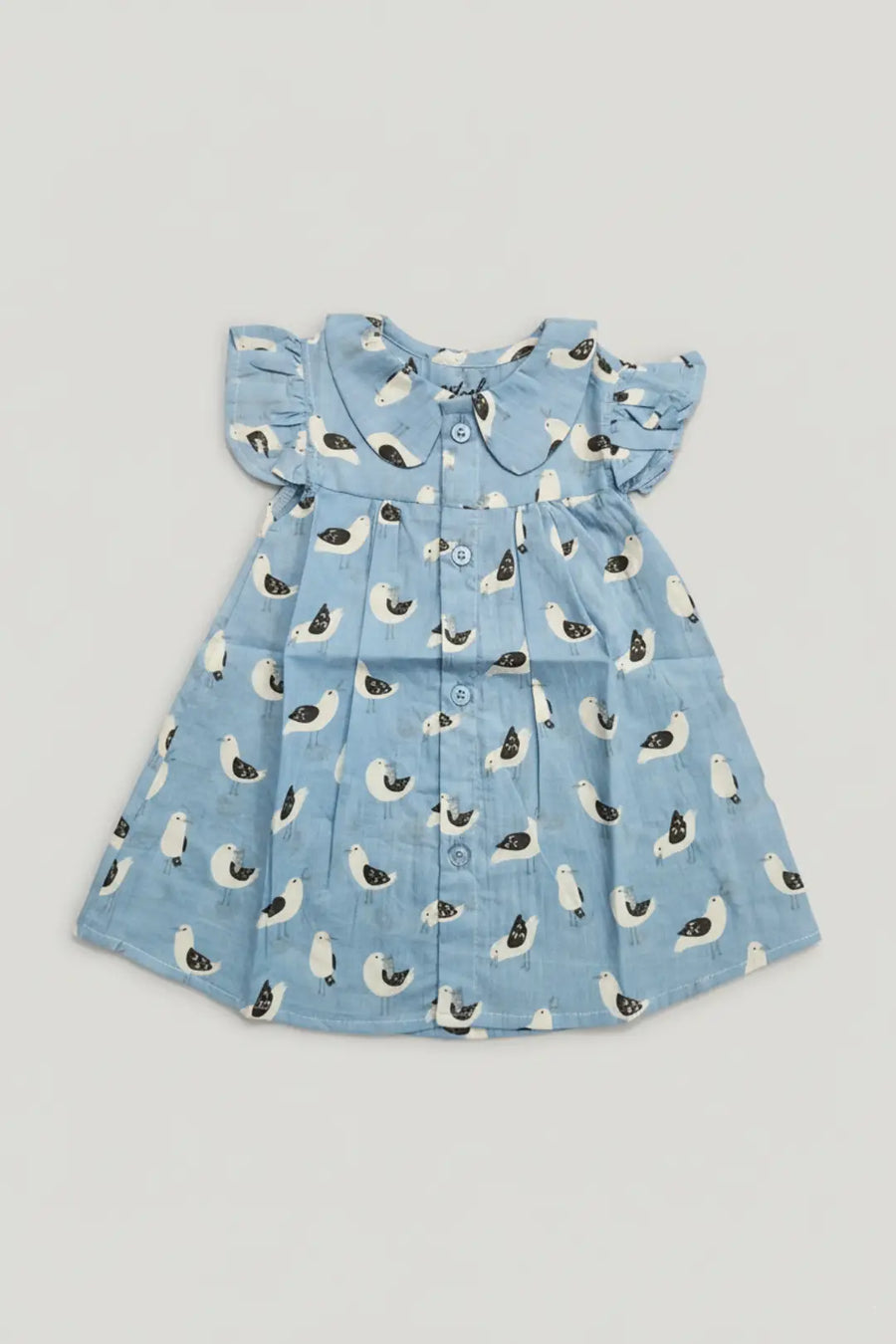 Organic cotton baby girls frock with seagull print blue dress for toddlers 6-12 months - breathable lightweight kids dress for Indian babies - summer wear dress for newborn girls