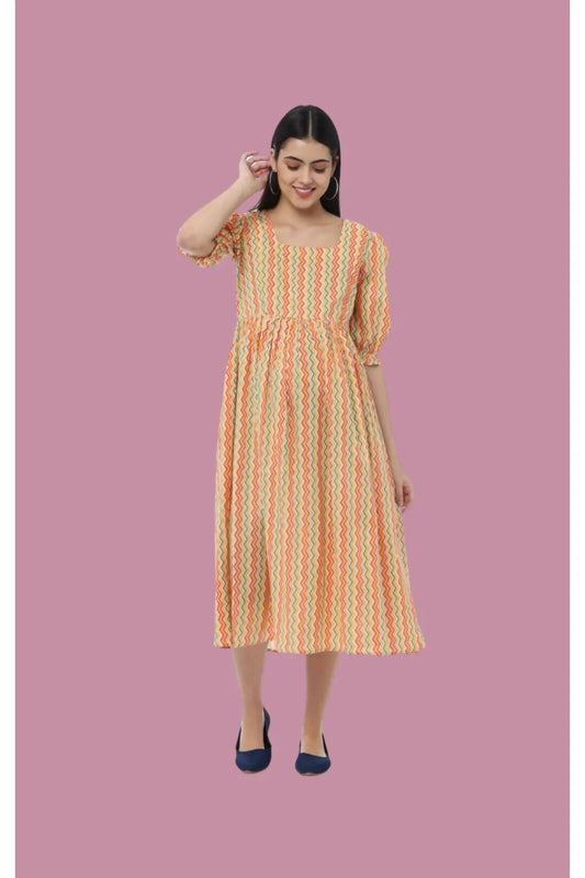 Chic Comfort Multicolor Geometric Zigzag Cotton Maternity Dress