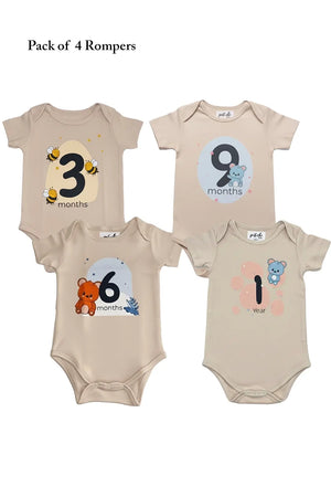 Quarterly Milestone Baby Rompers – Pack of 4 (3M, 6M, 9M & 1Y)