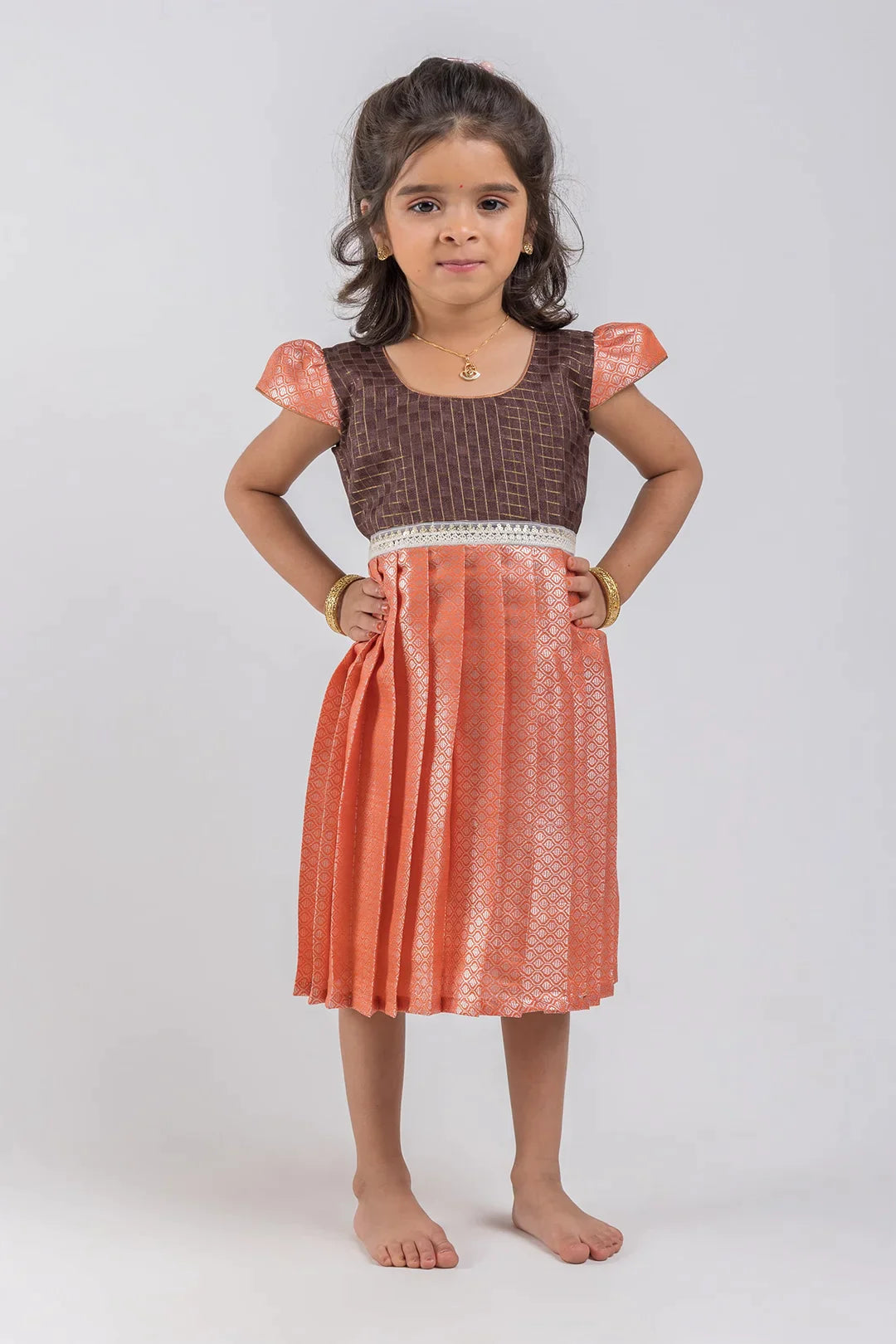 Adorable Checked Pattern Dark Brown and Orange Silk Frock for Girls