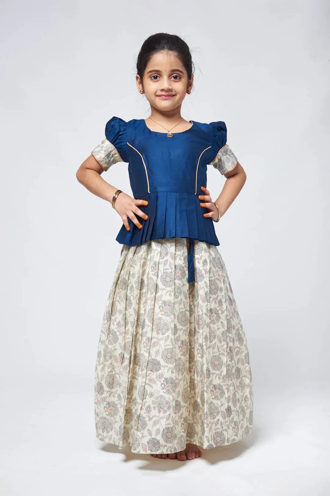 Beige Skirt with Navy Blue Jacquard Silk Blouse for Girls