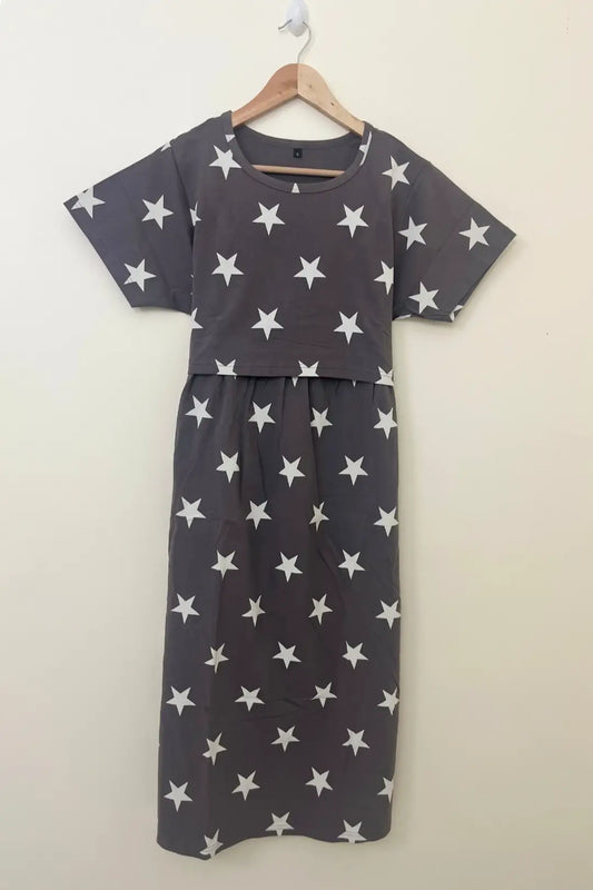 Black and White Star Printed Modern Maternity Maxi