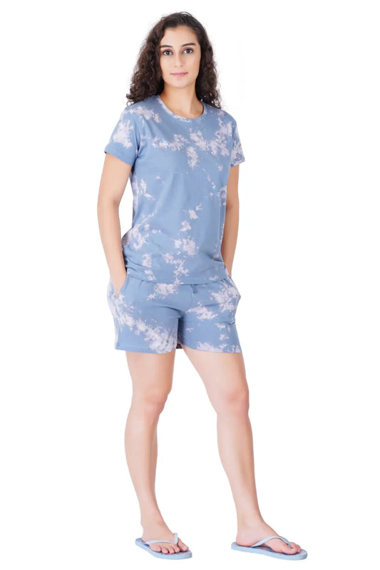 Blue Grey Tie Dye Printed Short Sleeve Shorts Set for Women