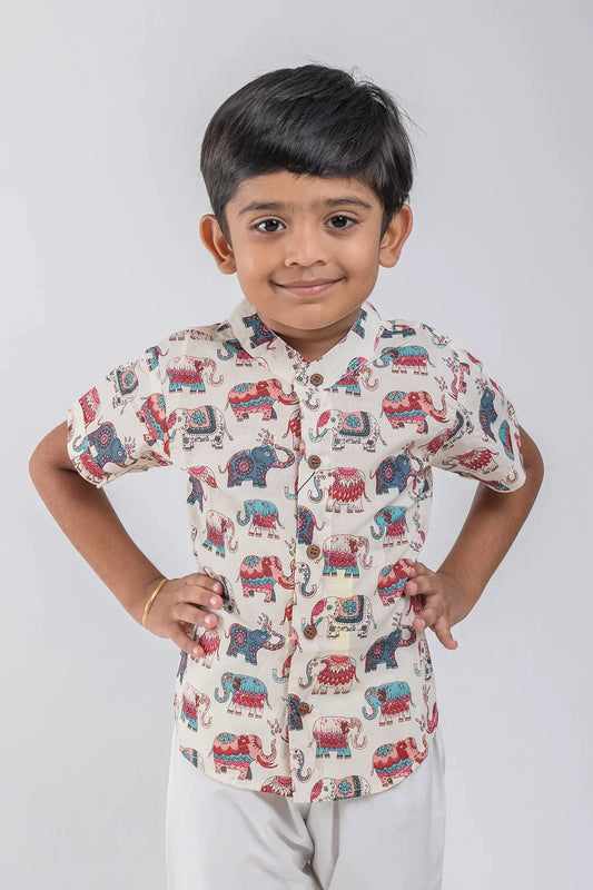 Boys' Multicolour Madhubani Elephant Print Shirt | Pure Cotton | Nesavu | Artistic and Vibrant Ethnic Wear