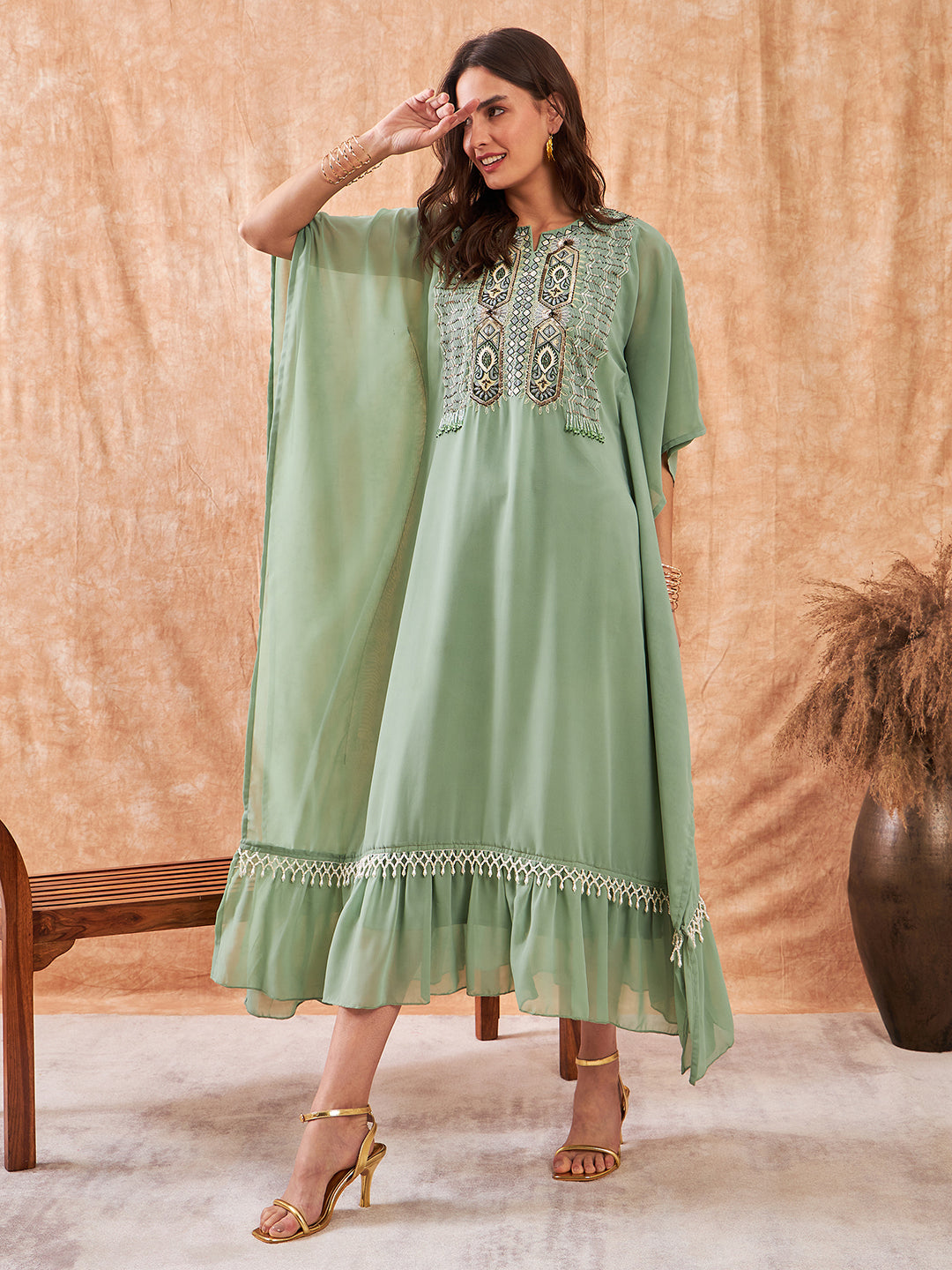 Moss Green Hand Embroidered Layered Party Kaftan