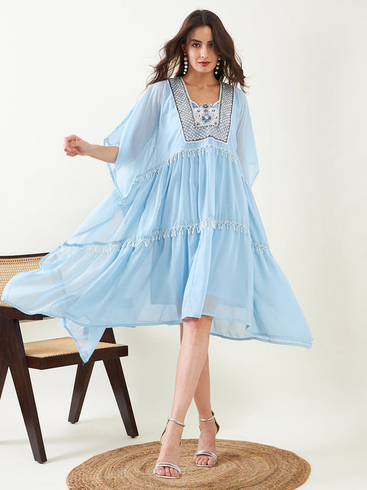 Blue Hand Embroidered Layered Tiered Party Kaftan