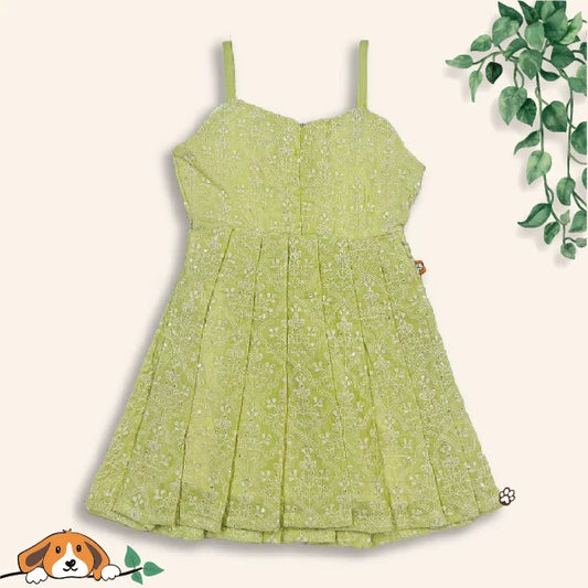 Green Embroidery Strap Frock for Little Girls