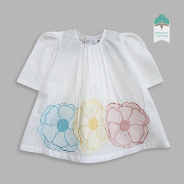 Organic Cotton Putta Puff Sleeve Embroidered Girls Dress - Flowers