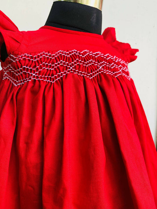Red Cookie Hand Smocked Girls Frock