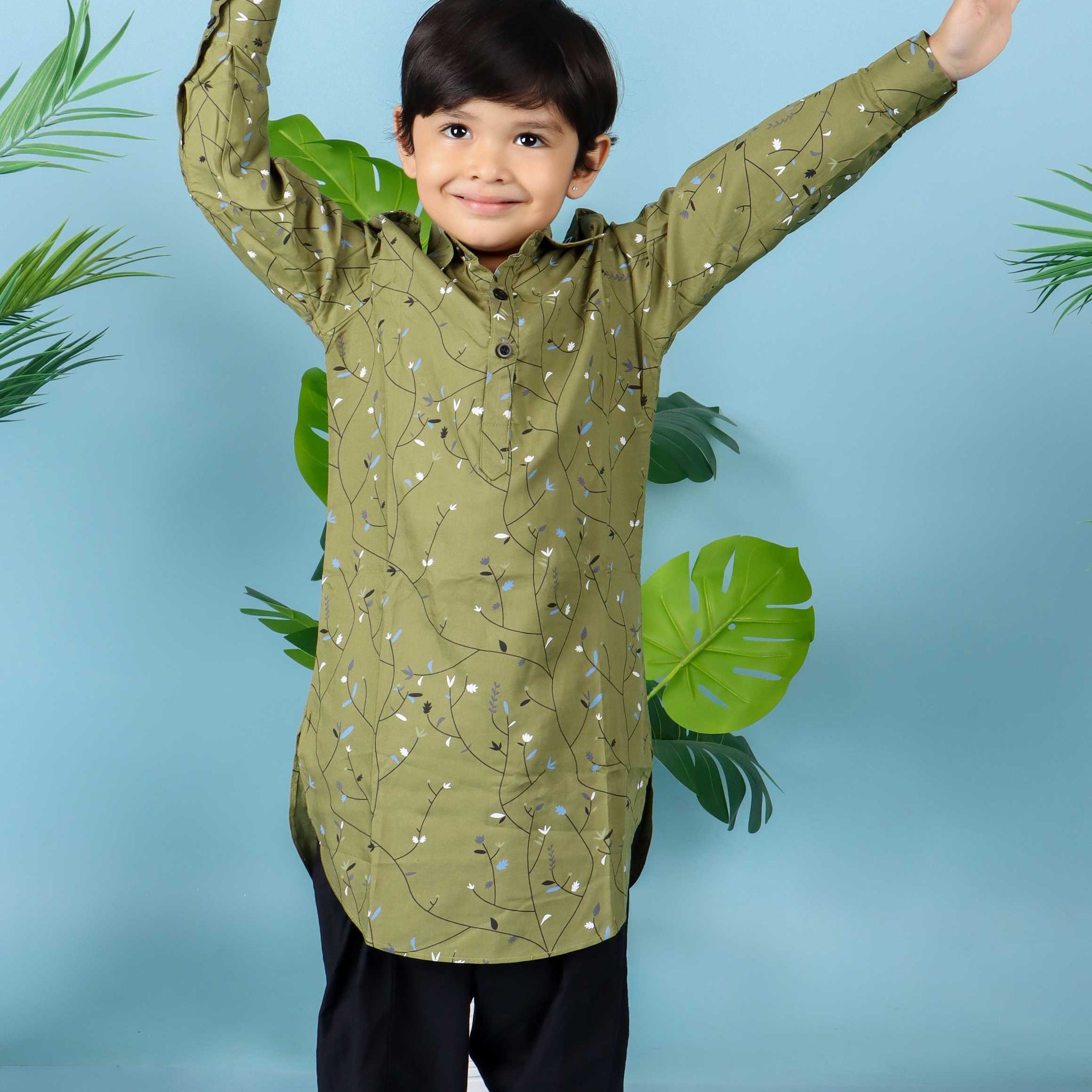 Green Printed Pathani With Black Pajama