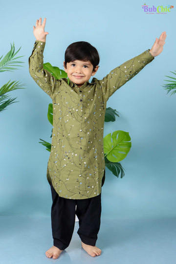Green Printed Pathani With Black Pajama