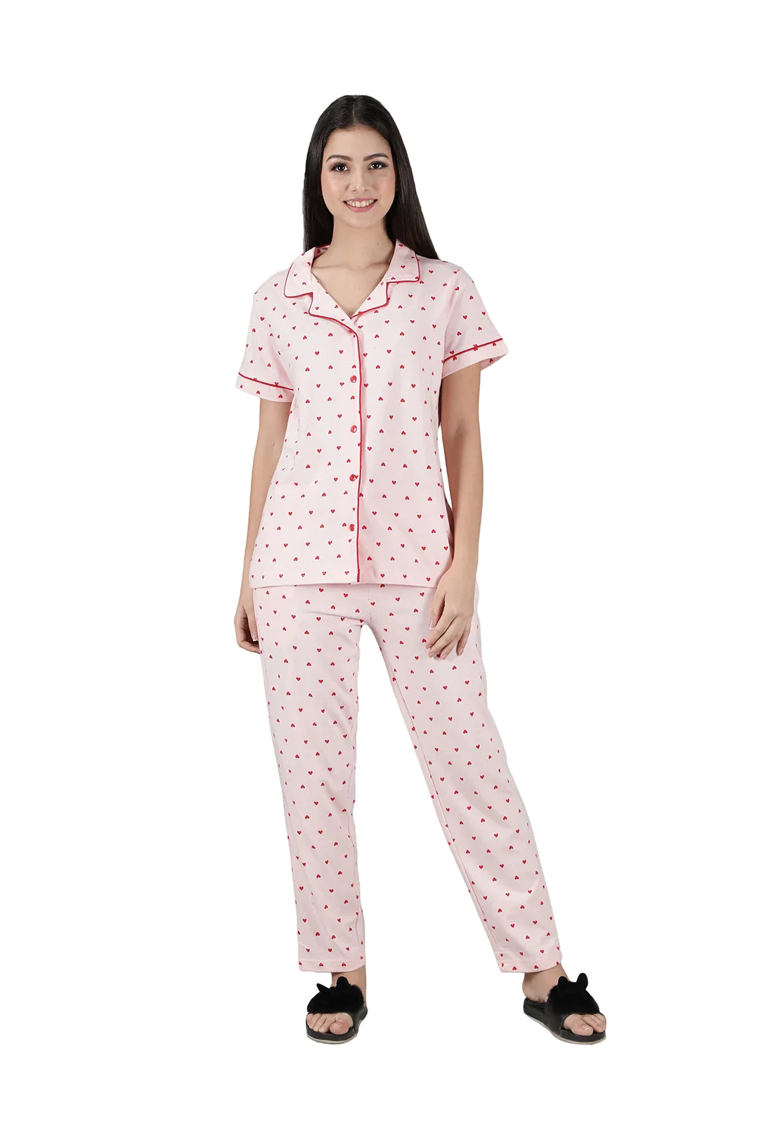Light Pink Heart Printed Cotton Women’s Nightwear Co-ord Set