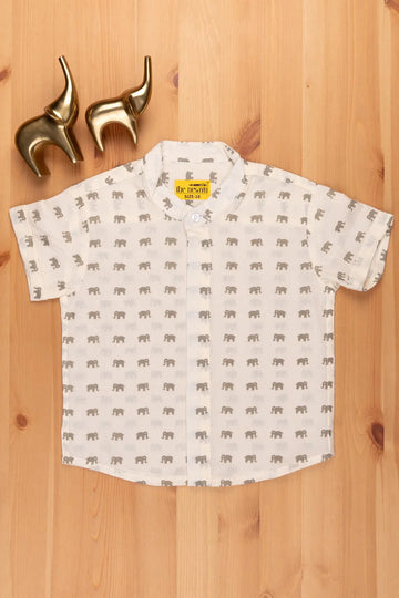 Mini Brown Elephant Printed White Cotton Shirt for Boys by The Nesavu