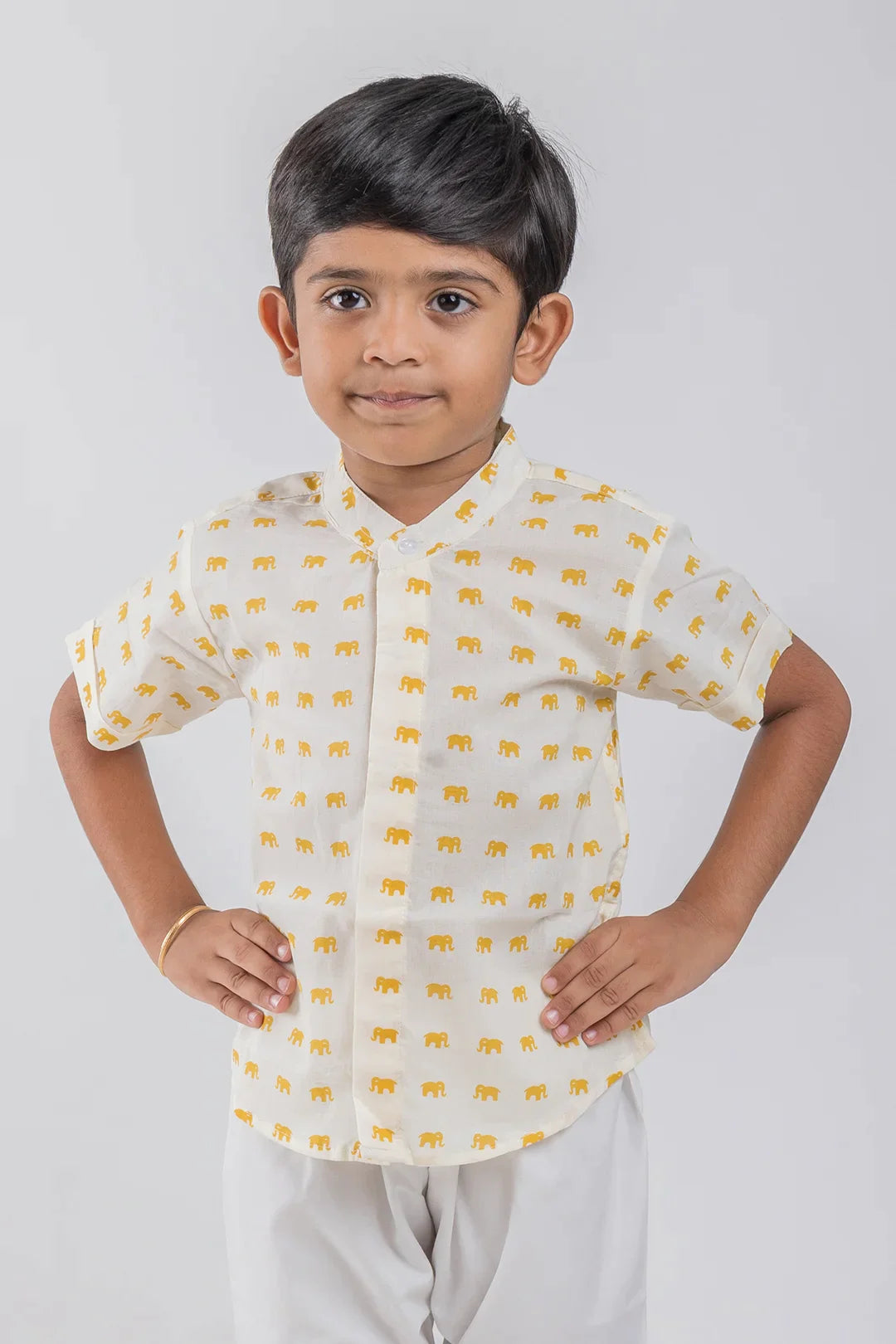 Mini Yellow Elephant Printed White Cotton Shirt for Boys By The Nesavu