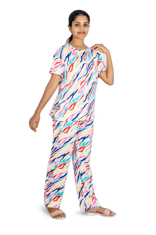 Multicolor Abstract Striped Print Women's PJ Set