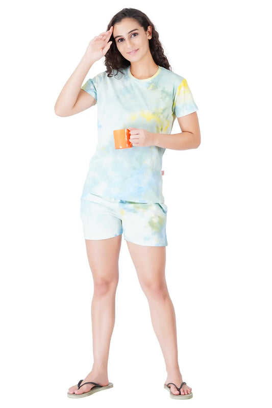 Multicolor Tie Dye Printed Short Sleeve Shorts Set for Women