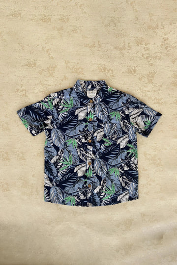 Navy Blue Leaf Cotton Printed Boys Shirt