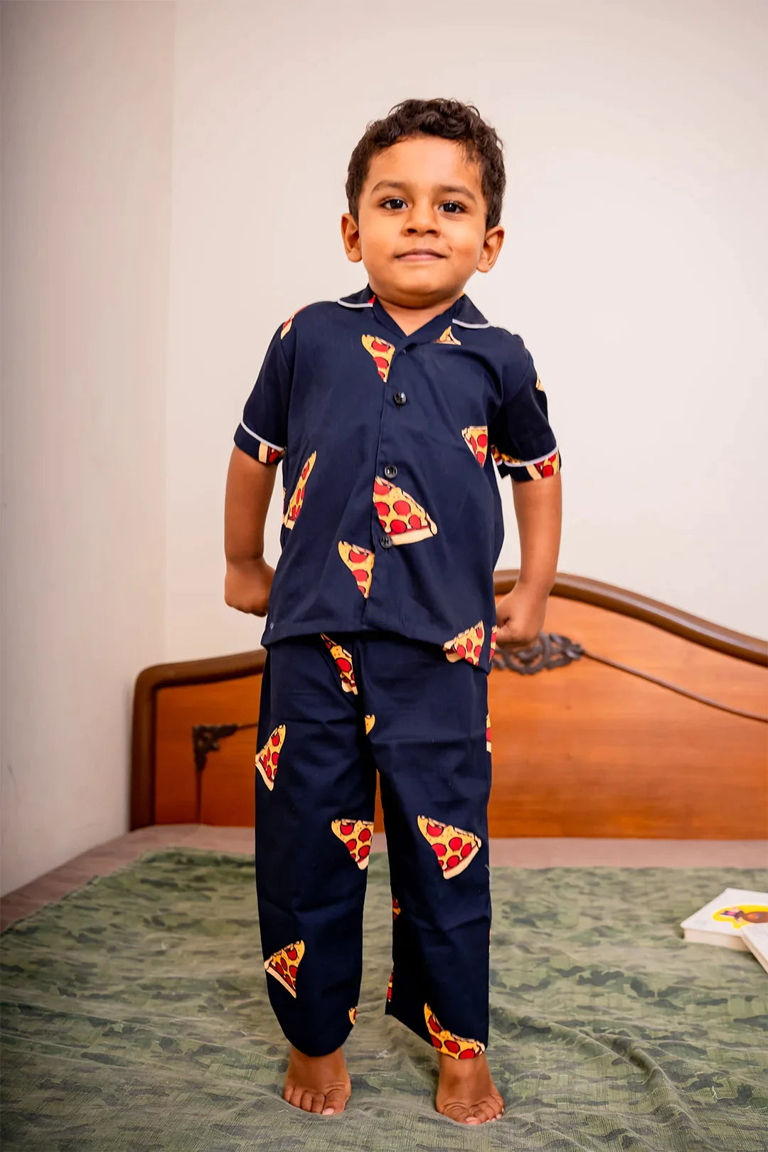 Navy Blue Pizza Printed Kids Pyjama Set