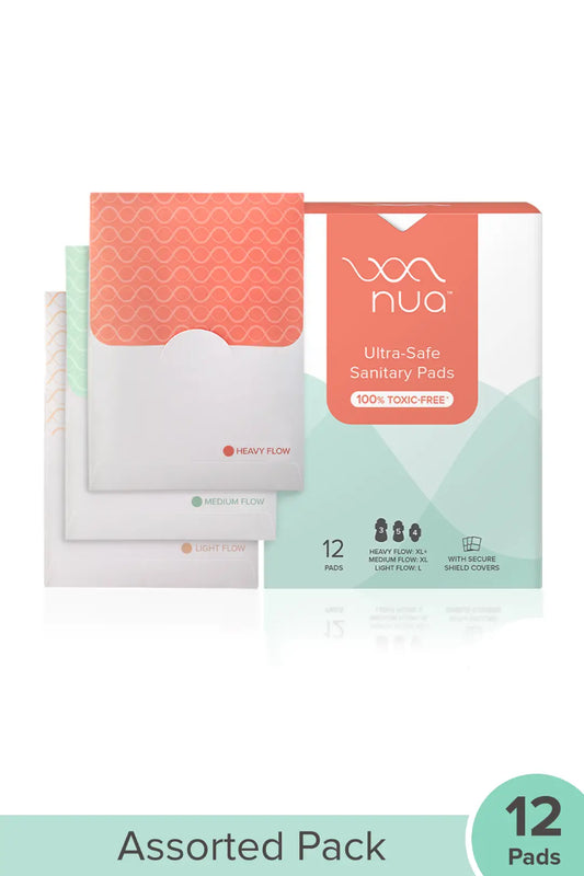 Nua Ultra-Safe Sanitary Pads For Women | 12 Ultra Thin Pads | 3 sizes in 1: Heavy Flow-XL+, Medium-XL & Light-L