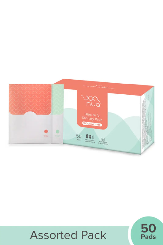 Nua Ultra-Safe Sanitary Pads For Women | 50 Ultra Thin Pads | 2 sizes in 1: Heavy Flow-XL+ & Medium-XL