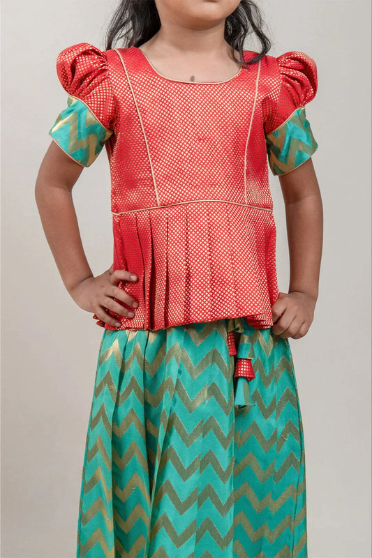 Orange Brocade Silk Blouse with Green Silk Skirt for Girls