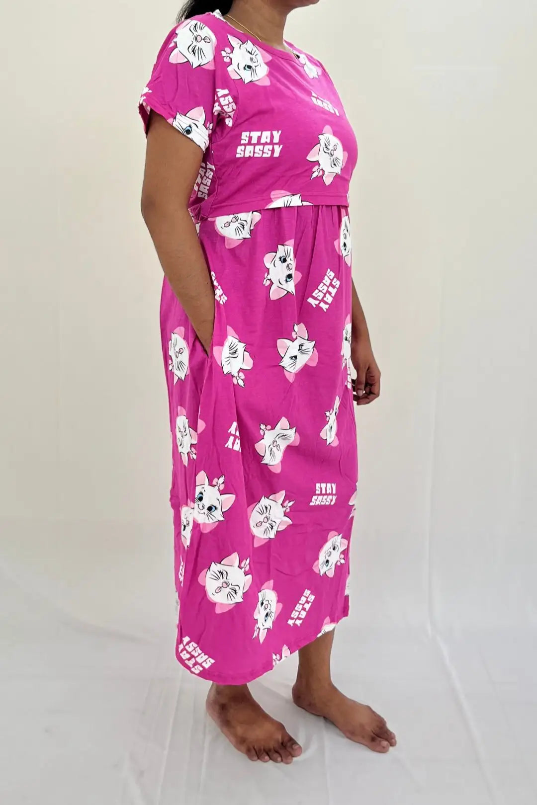 Pink and White Cat Printed Zipless Maternity Maxi