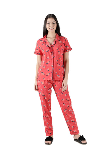 Red Water Melon Printed Cotton Women’s Night Suit Set
