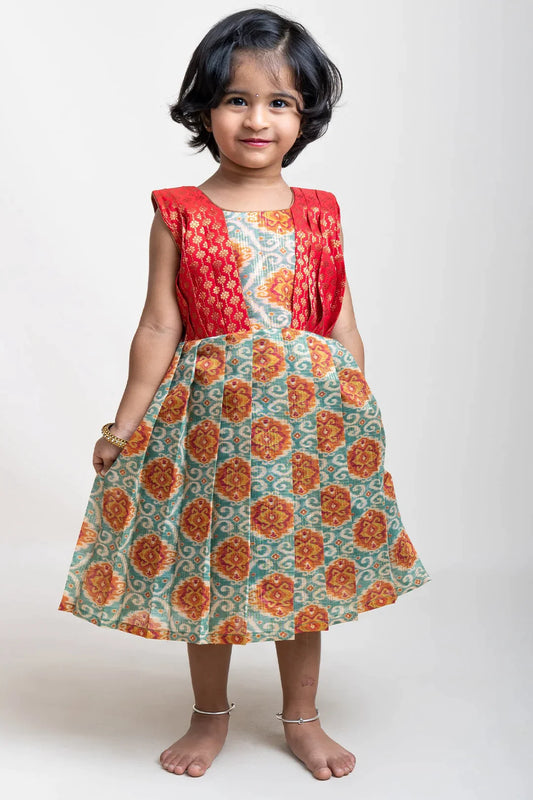 Stylish Multi-Colored Pleated Semi-Silk with Red Yoke Frock for Girls