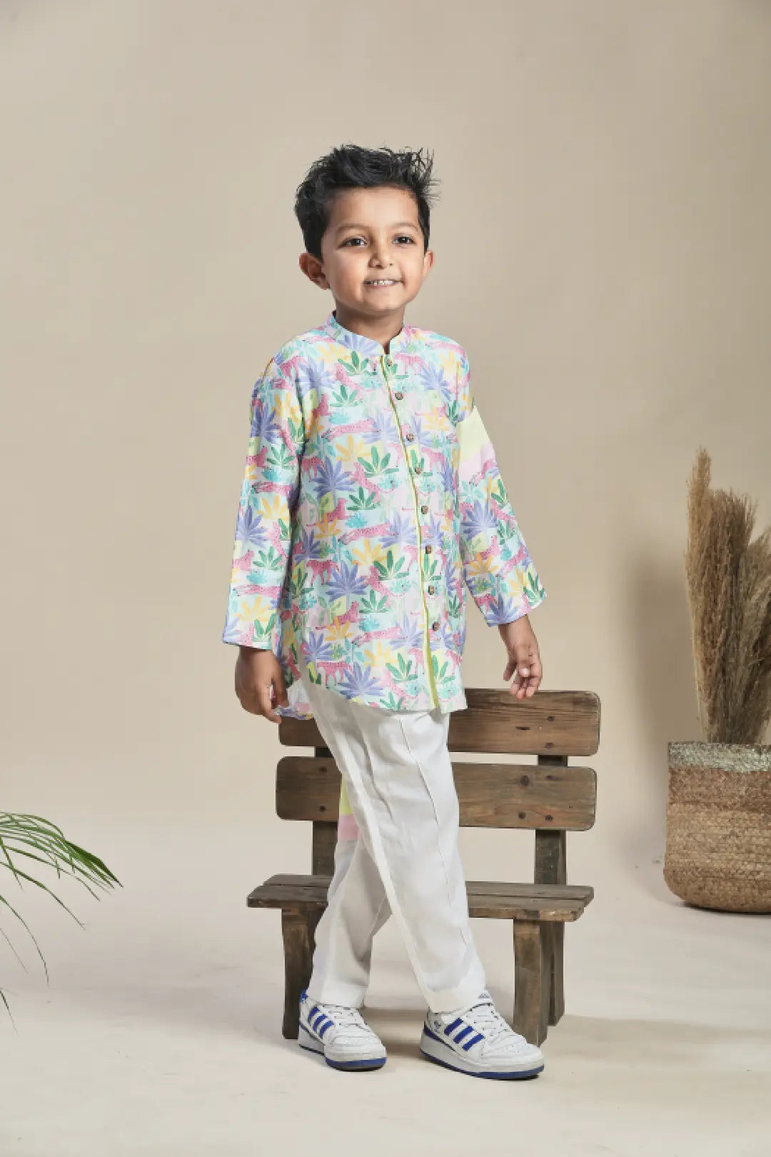 Tropical print short shirt kurta, pants set