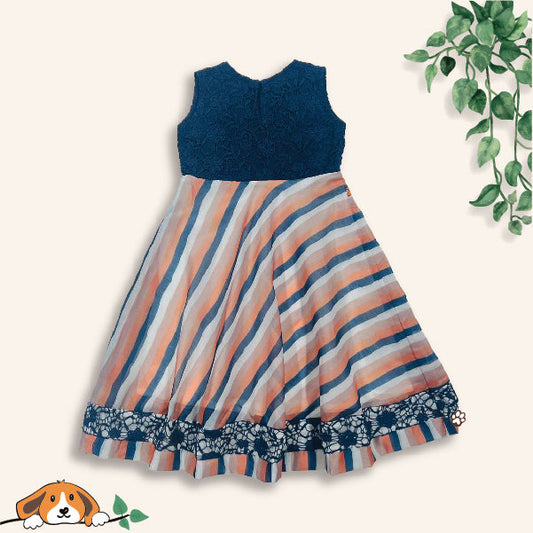 Orange & Blue Lace Striped Frock For Little Girls