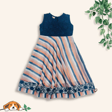 Orange & Blue Lace Striped Frock For Little Girls