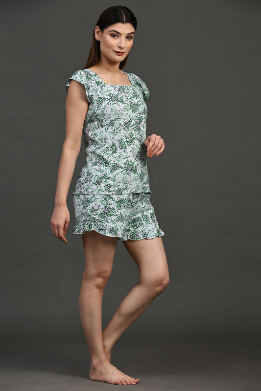 Green Floral Printed Ruffle Sleeve Shorts Set for Women
