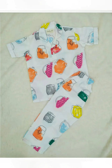 White Hand Bag Printed Kids Pyjama Set