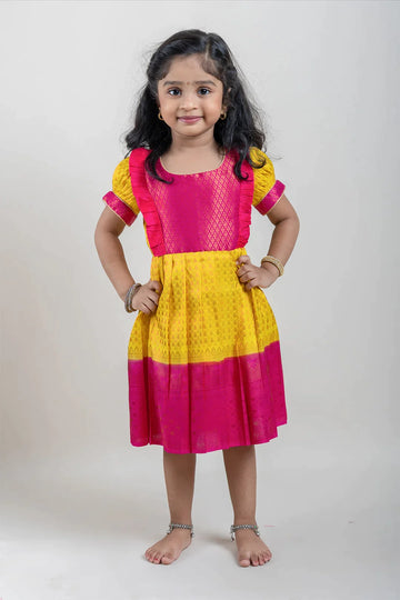 Yellow Banarasi Soft Silk Pattu Frocks For Toddler Girl