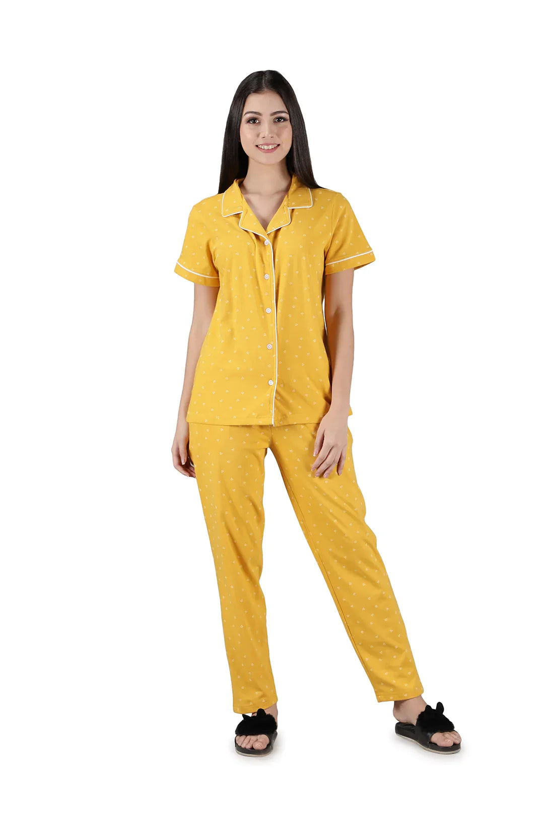 Yellow Heart Printed Cotton Women’s Nightwear Co-ord Set