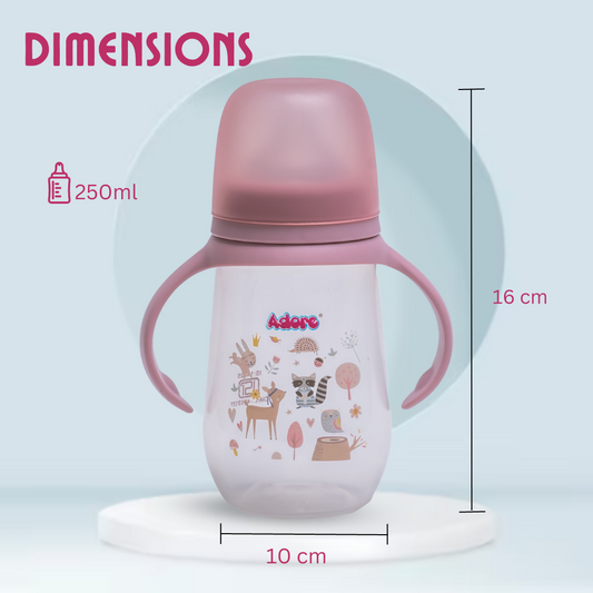 Adore Nok Nok Wideneck Feeding Bottle with Twin Handle & Anti-Colic Teat- Pink 250ml