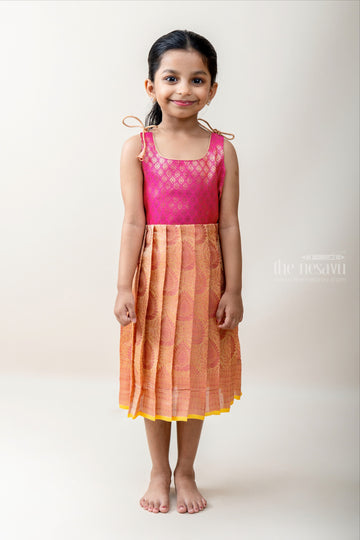 Golden Peach Radiance: Organza-Banarasi Fusion Tie-Up Dress for Girls