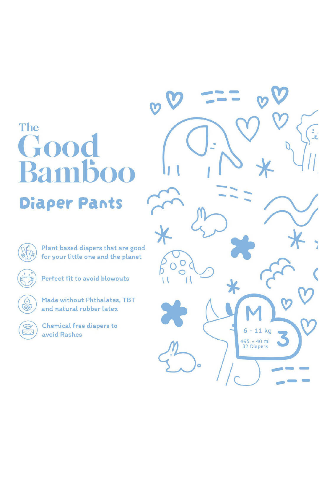 Bamboo Diapers - Medium Size (6-11 Kgs) - Tape Style - 32 Diapers