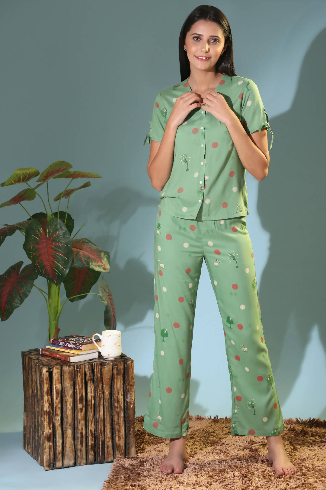Green Pop-up Animal Printed Women's PJ Set