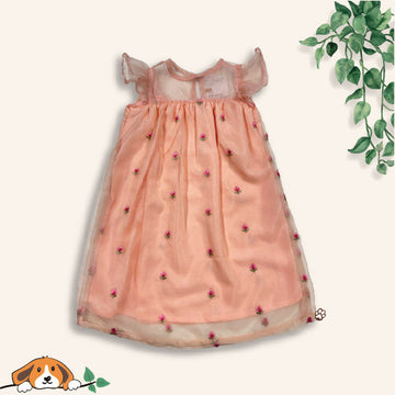 Peach Embroided A-line Frock For Little Girls
