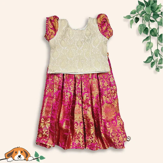 Cream & Pink Brocade Pattu Dress For Little Girls